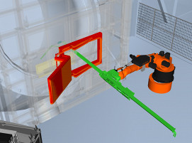 Roboter positioniert horizontales Messwerkzeug an einem LD-(BOF-)Konverter
