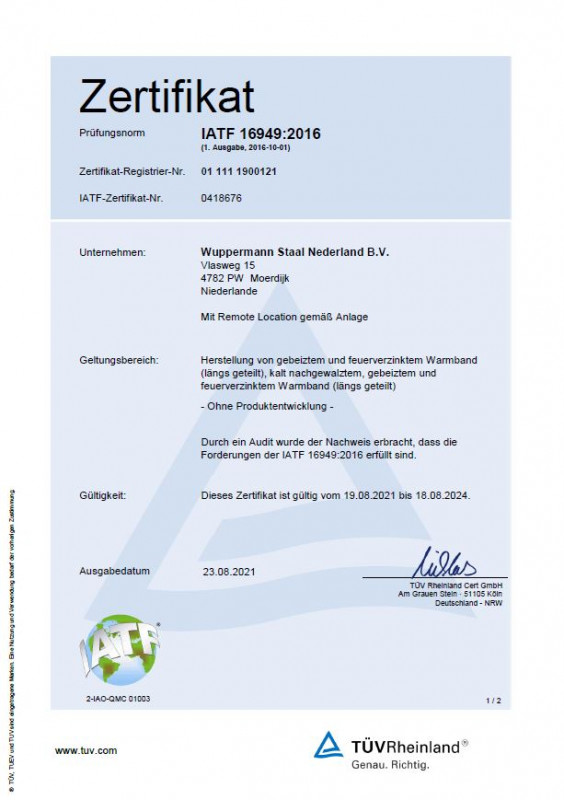 Die Wuppermann Staal Nederland B. V. hat das IATF 16949 Audit erfolgreich bestanden - Abb.: Wuppermann AG