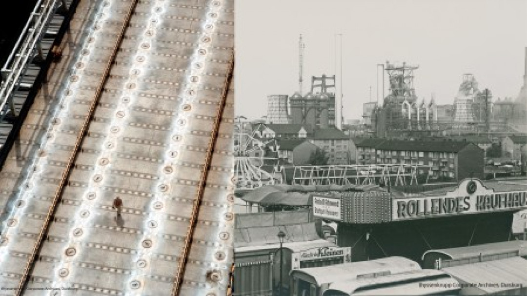Nur zwei Bilder von insgesamt 99: Der Bildband „99 x Stahl“ zeigt Impressionen des thyssenkrupp Steel Standorts; hier: Kokerei Schwelgern von oben (li), Beecker Kirmes 1961 (re) - Photo: thyssenkrupp Steel Europe AG
