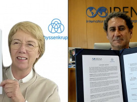 Digitale Unterschriftszeremonie der Vereinbarung zwischen IRENA und thyssenkrupp (Martina Merz, CEO thyssenkrupp und Francesco La Camera, Generaldirektor IRENA)