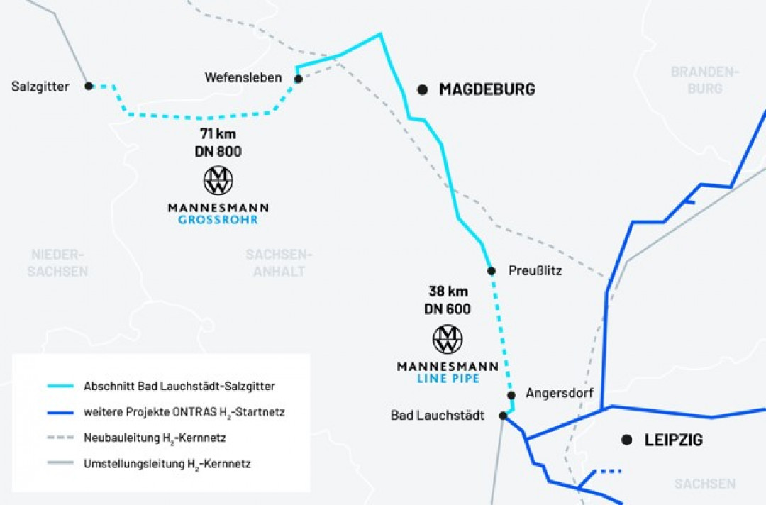 ür die Strecke des Wasserstoffkernnetzes zwischen Wefensleben und Salzgitter sowie zwischen Angersdorf und Preußlitz liefern die Mannesmann Grossrohr GmbH und die Mannesmann Line Pipe GmbH die Rohre - Abb.: Salzgitter AG