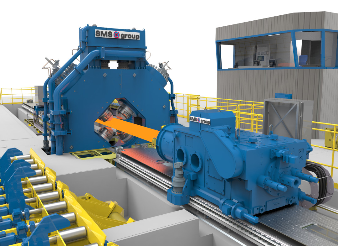 Visualisierung einer von SMS gelieferten hydraulischen SMX-Radialschmiedemaschine, vergleichbar mit der am Standort Les Ancizes von Aubert & Duval in Frankreich installierten Anlage - Bild: SMS group